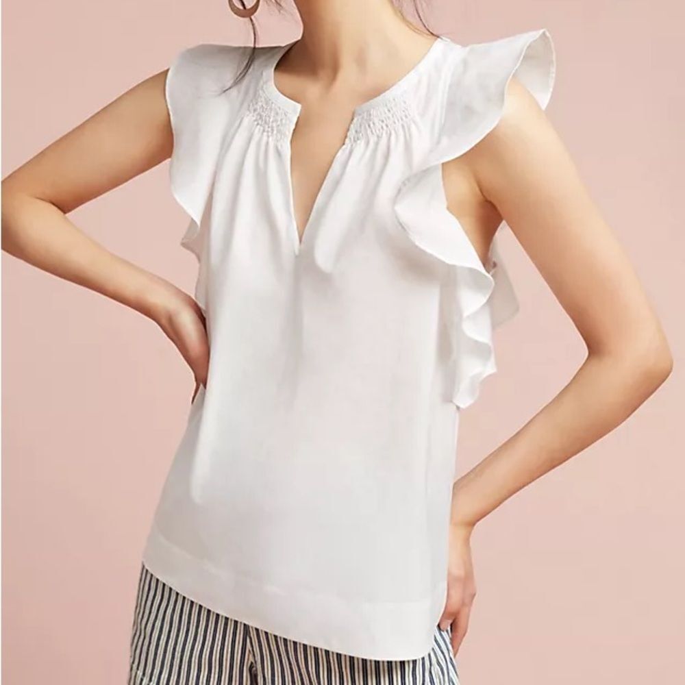 Anthropologie HD in Paris White Ruffled Poplin Blouse Size 0